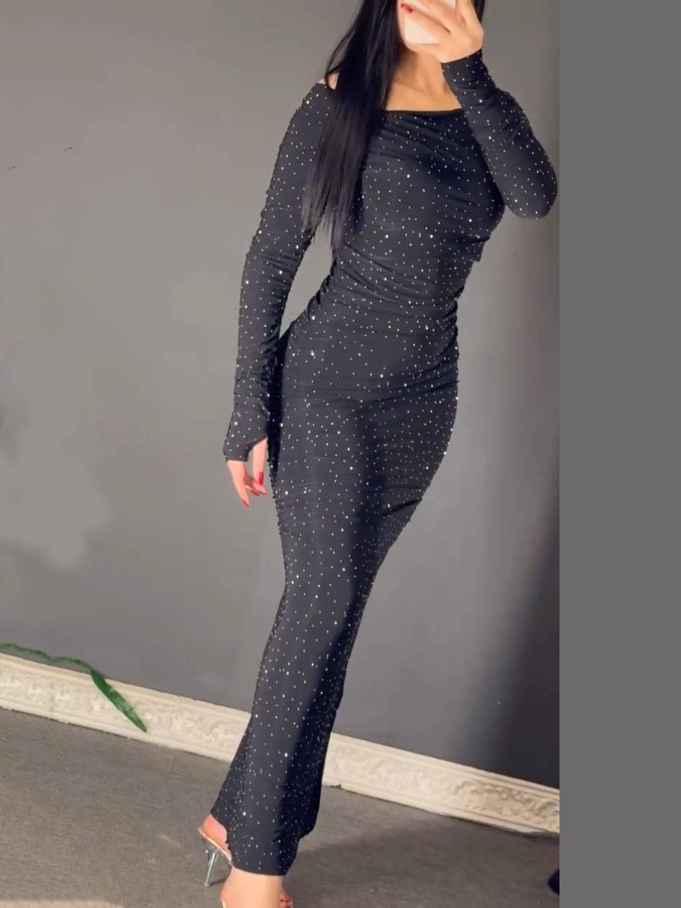 Shiny Pleated Long Sleeve Maxi Dress