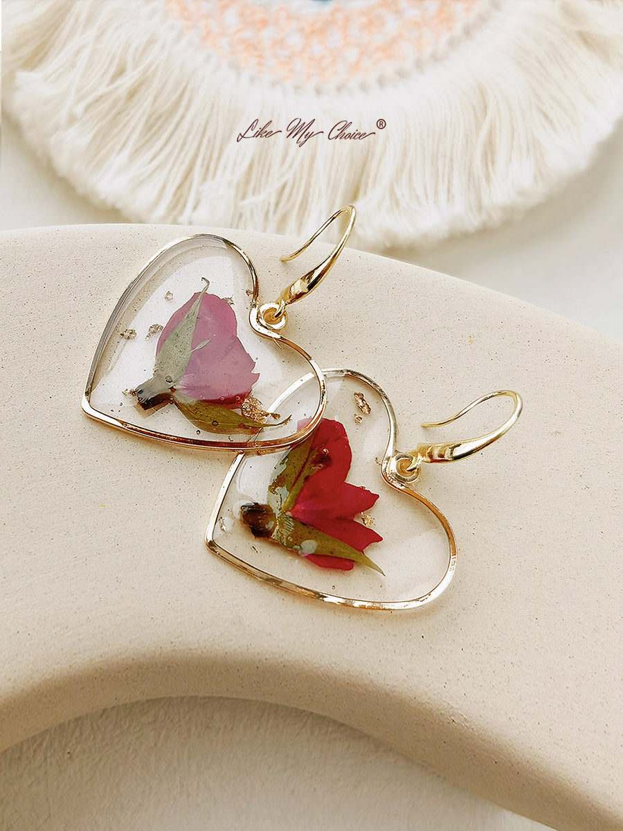 Pressed Flower Earrings - Resin Heart Dried Flower-Likemychoice