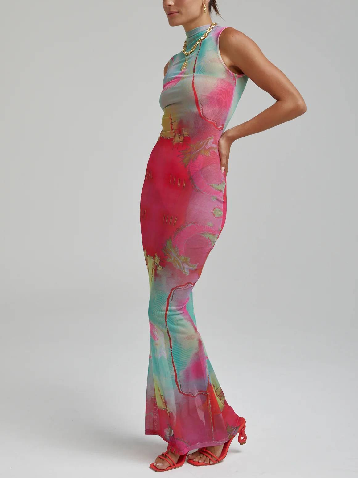 Unique Printed Sleeveless Slim-Fit Long Dress