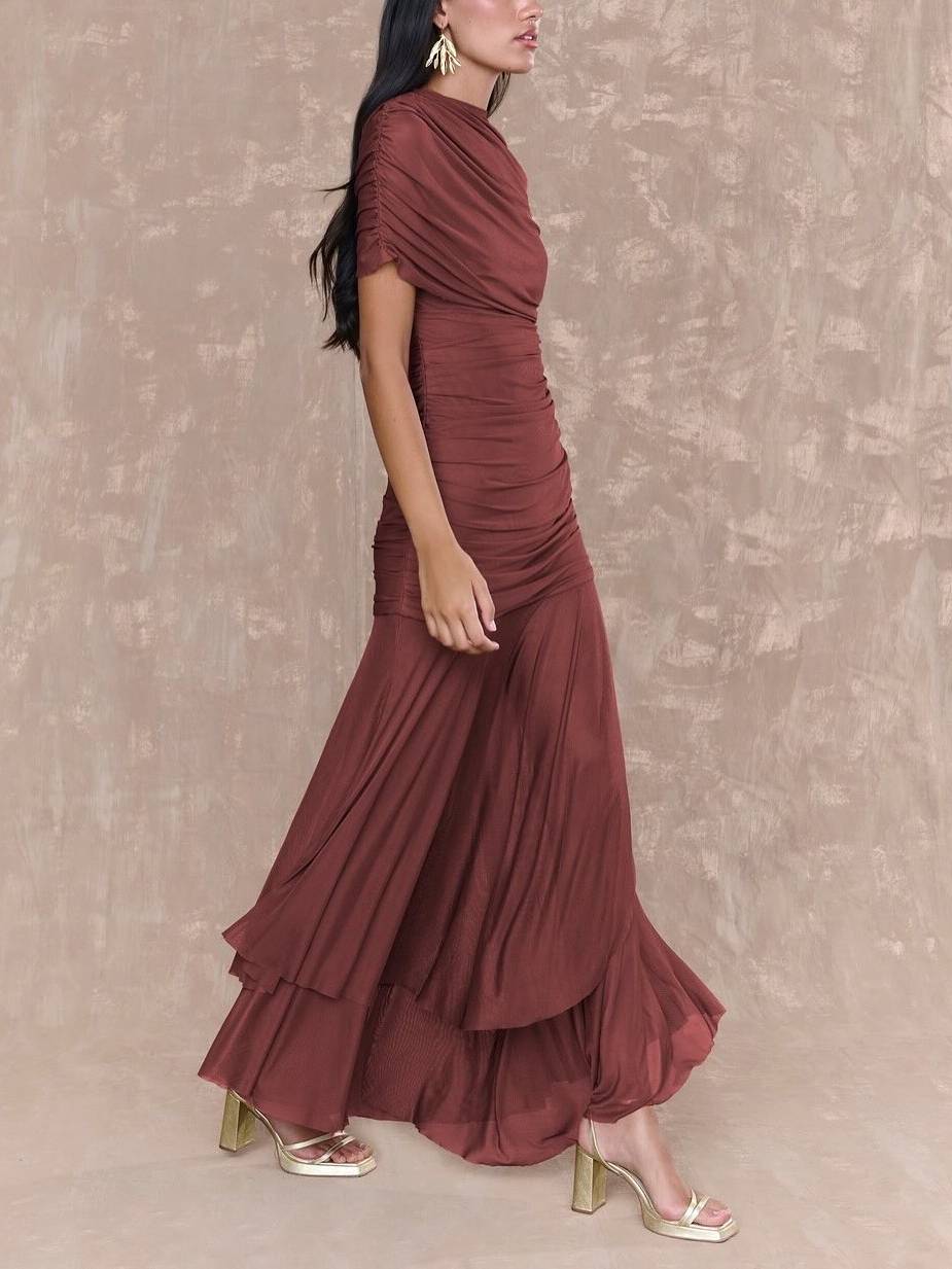 Pleated Design Irregular Hem Maxi Dress