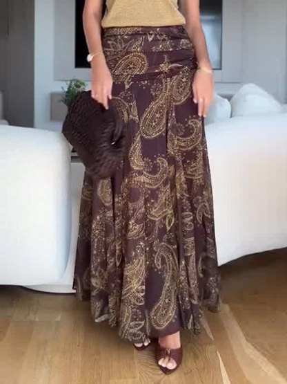 Exquisite Vintage Paisley Print Pleated Skirt