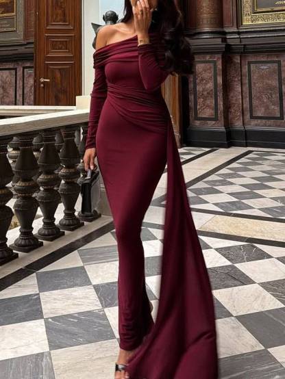 Slant Shoulder Ribbon Design Maxi Dress