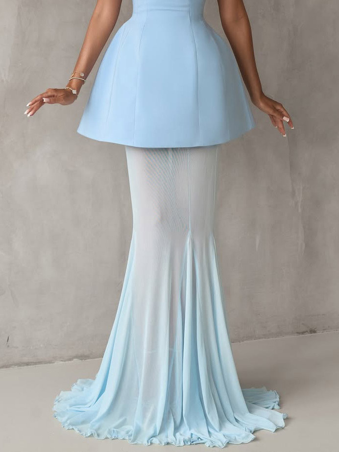 Elegant Off-the-shoulder Top And Mesh Sheer Fishtail Skirt Two-piece Set