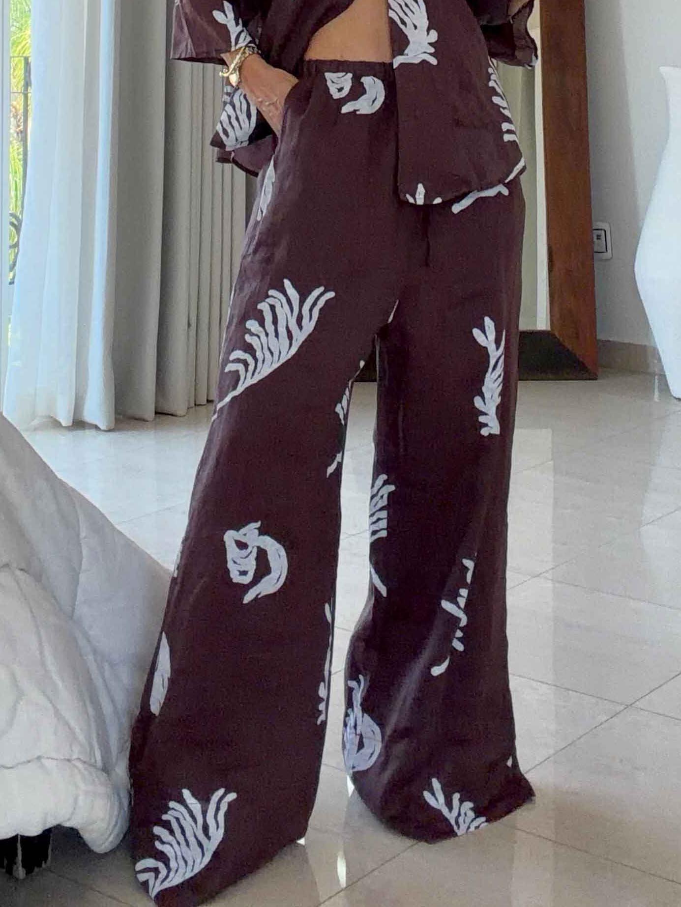 Exquisite Tropical Leaf Print Shirt & Pants Two-Piece Set