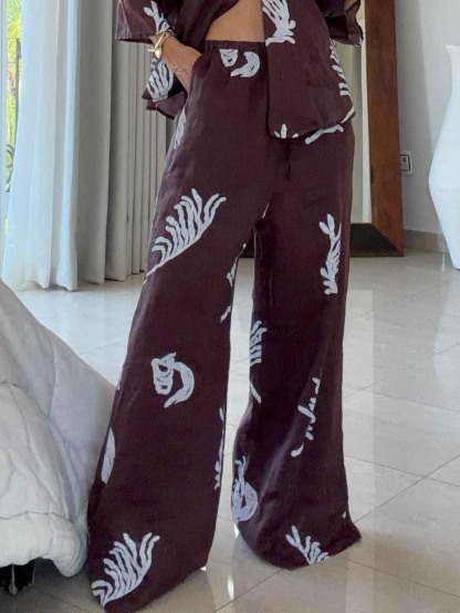 Exquisite Tropical Leaf Print Shirt & Pants Two-Piece Set