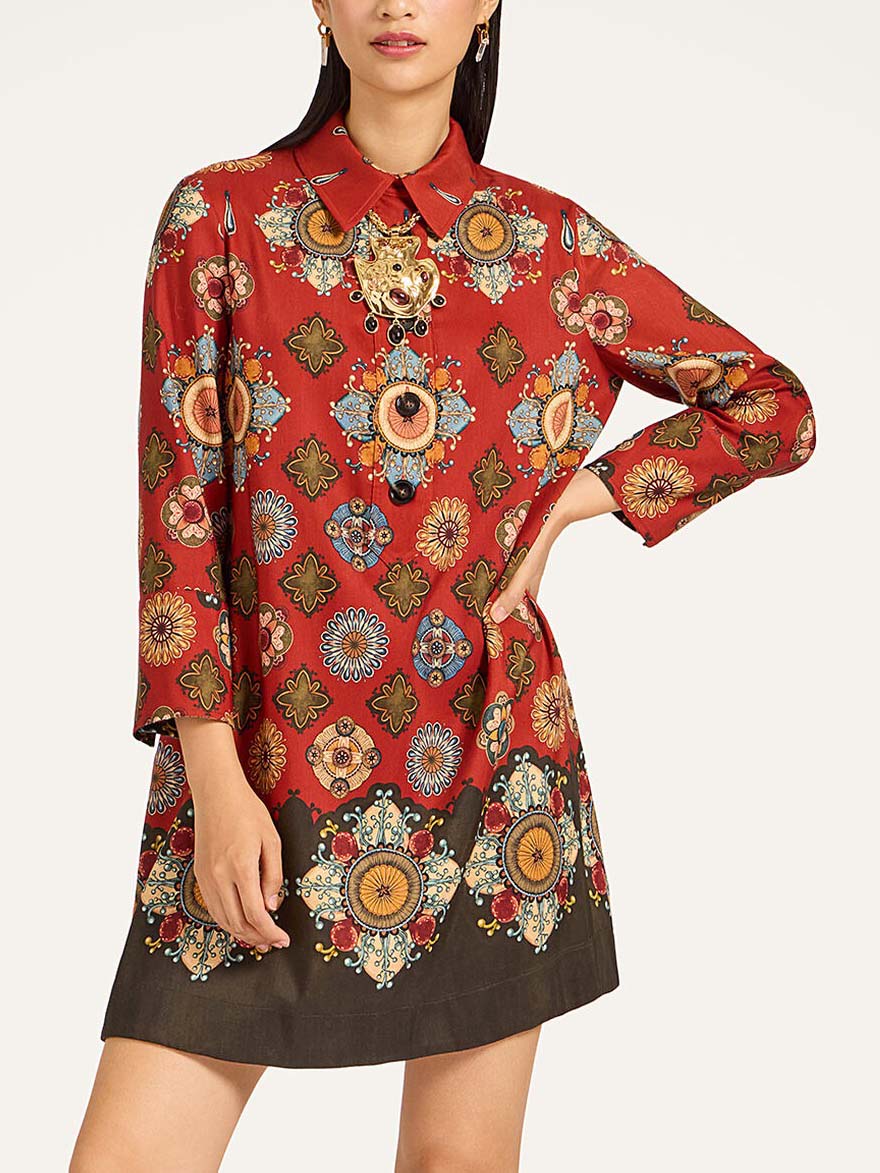 Elegant Satin Printed Shirt-neck Long-sleeved Mini Dress