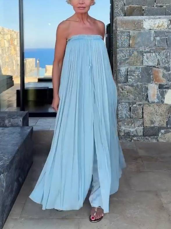 Slit Tube Top Midi Dress And Wide Leg Pants Suit - Dress