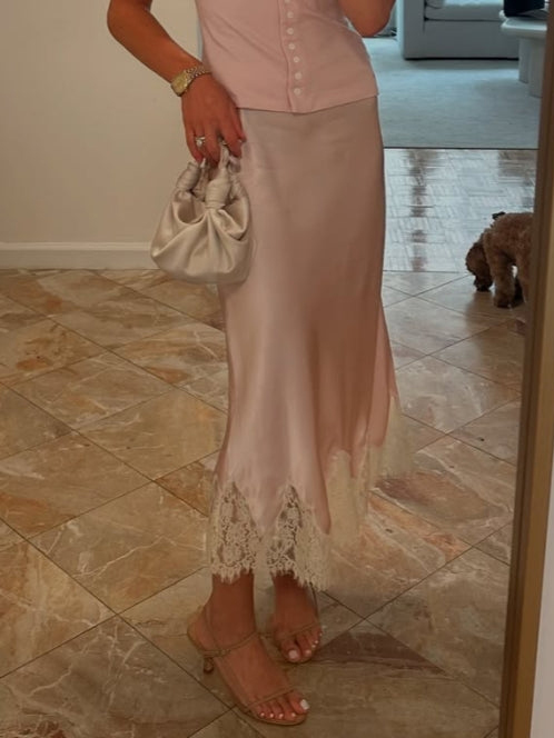 Elegant Satin Lace Hem Midi Skirt