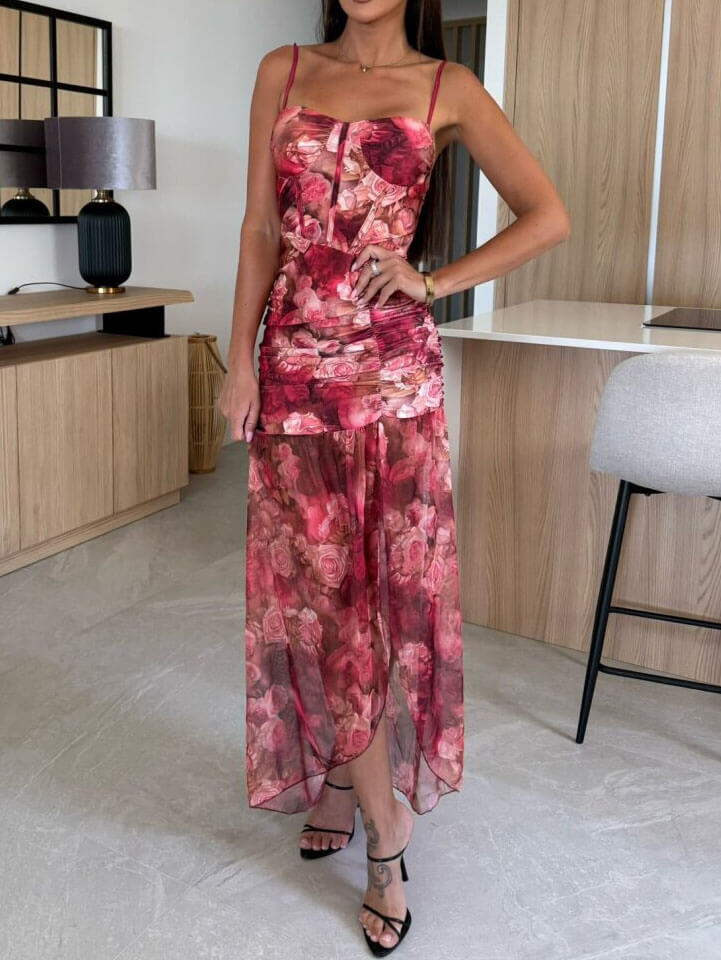 Side Slit Printed Hem See-Through Dress