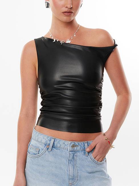 Twisted off-the-shoulder leather pleated crop top