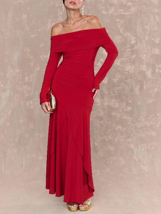 Off-shoulder Irregular Hem Maxi Dress