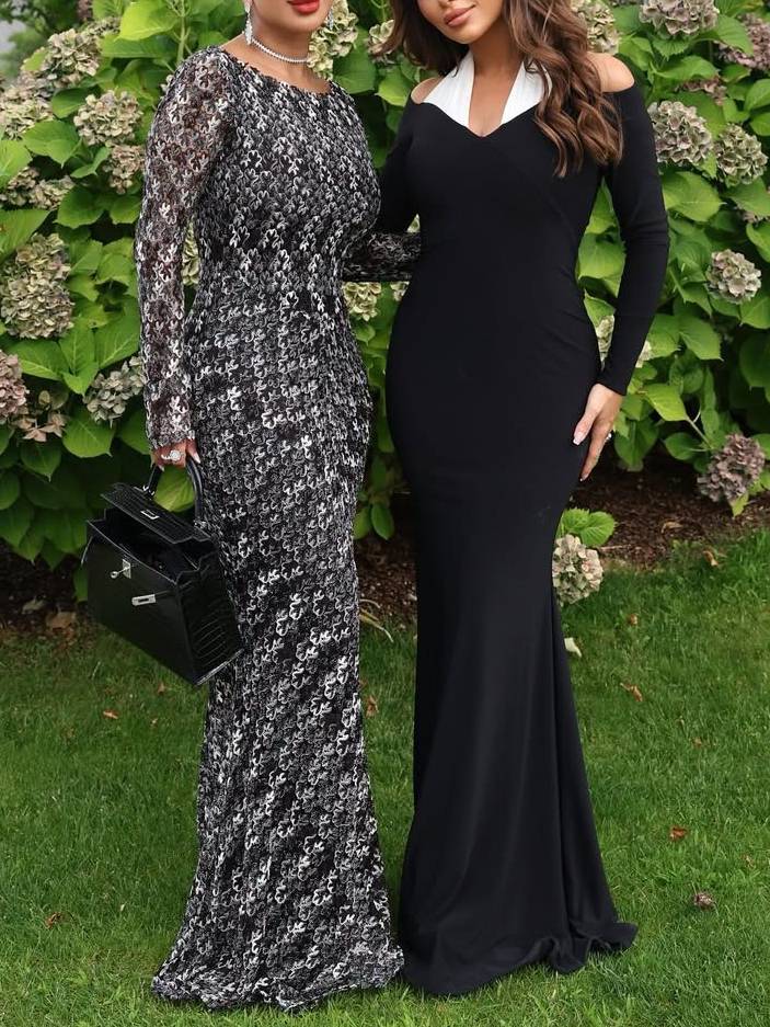 Contrast Color Halter Neck Off-Shoulder Slim-Fit Maxi Dress