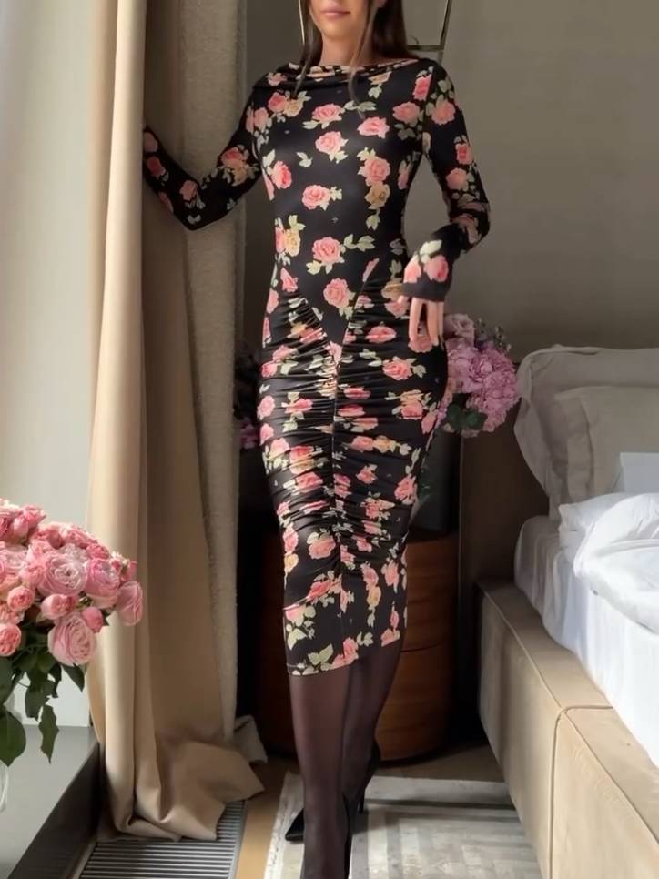 Distinctive Boat Neck Floral-Print Pleated Midi Dress