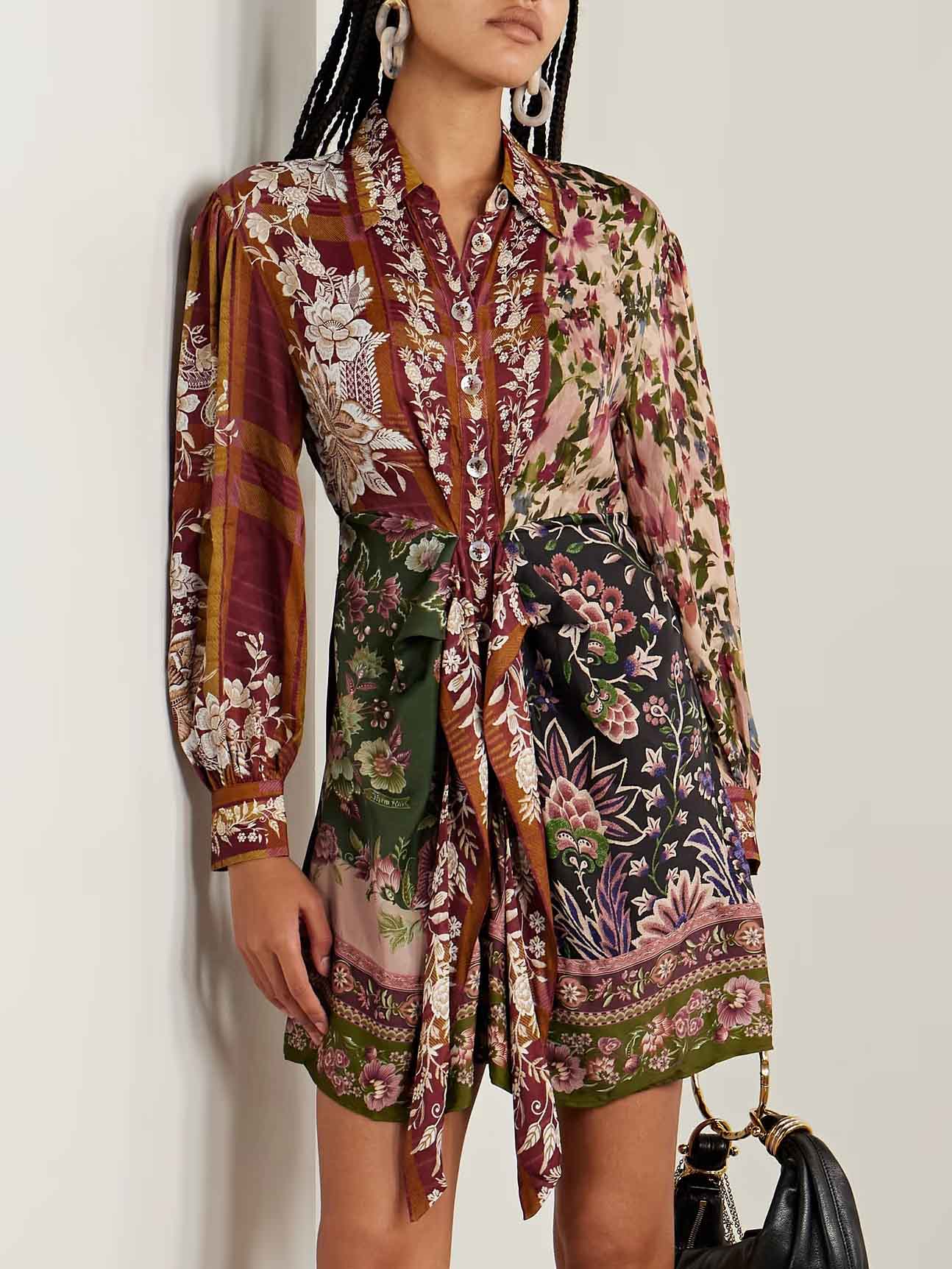 Retro Floral Print Tie Shirt Mini Dress