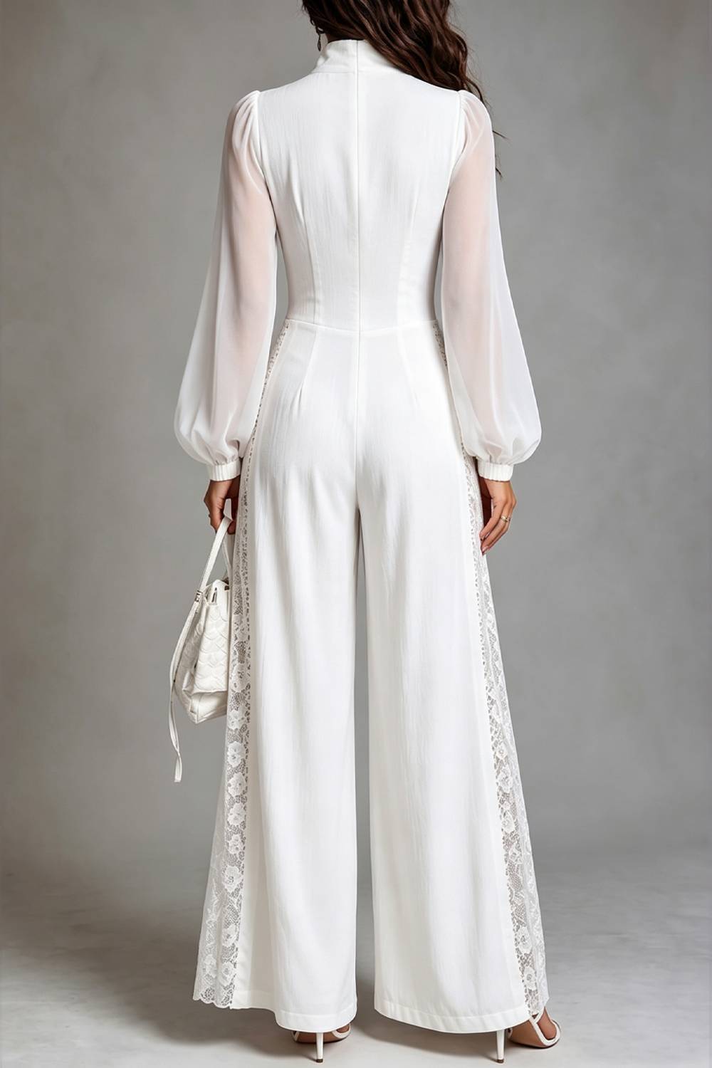 Stand Collar Zip Front Sheer Long Sleeve Lace Panel Wide Leg Jumpsuit