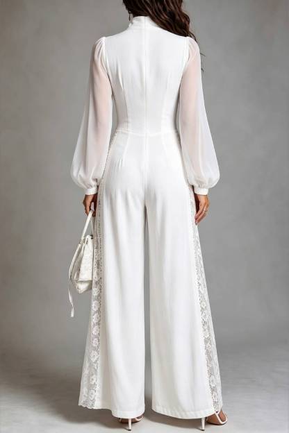 Stand Collar Zip Front Sheer Long Sleeve Lace Panel Wide Leg Jumpsuit