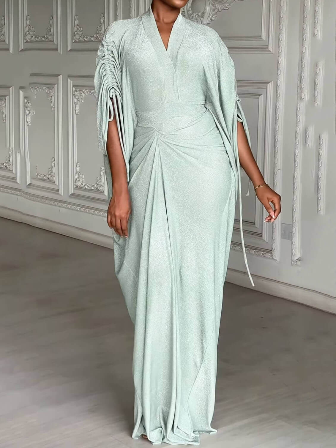 Pleated Shimmering V-Neck Maxi Dress