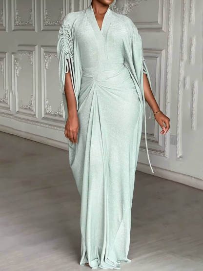 Pleated Shimmering V-Neck Maxi Dress