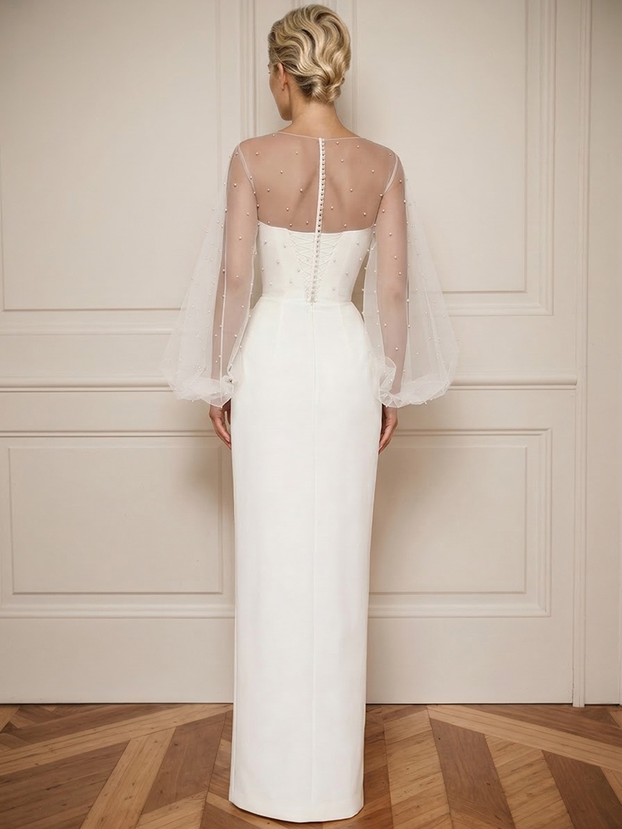 Elegant Beaded Sheer Sleeve Maxi Dress