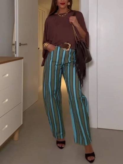 Loose T-Shirt And Striped Printed Pants Set-Pants