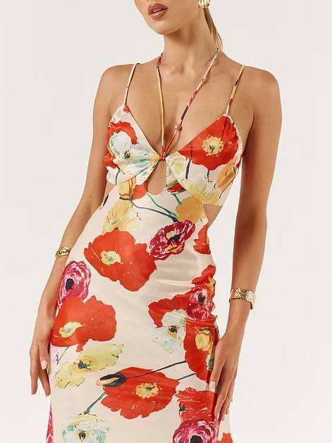 Printed Hollow-out Maxi Dress