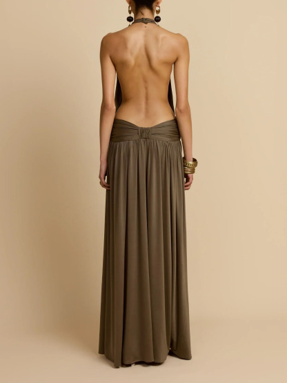 Sexy Open-back Pleated Low-waist Knitted Maxi Dress