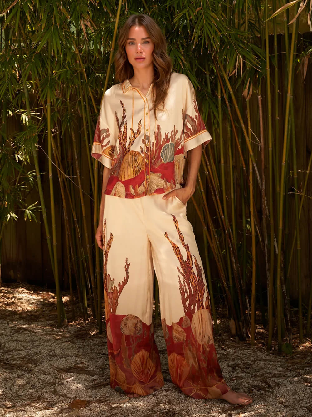 Exquisite Print High-Waisted Pocket Wide-Leg Pants