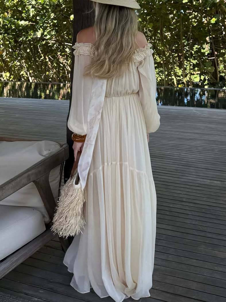 Vacation Style Off-shoulder Lace-up Long Sleeve Maxi Dress