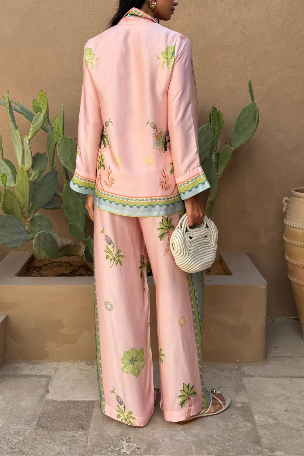 Tropical Print Lapel Shirt & Wide Leg Pants Two‑Piece Set