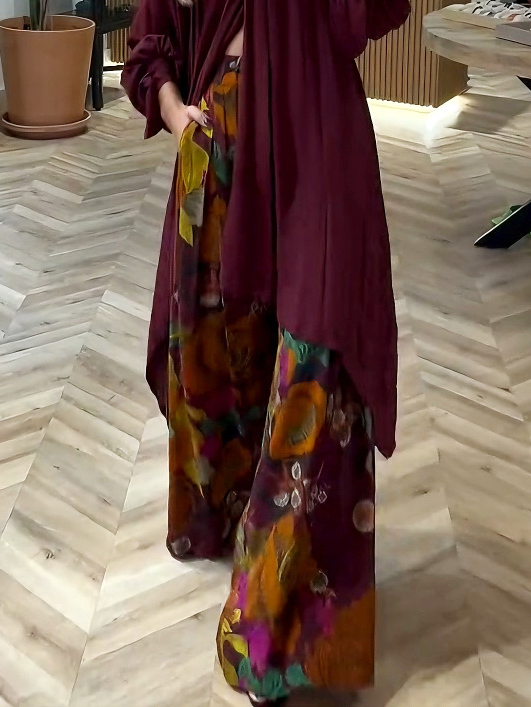 Retro Abstract Floral Print Wide-Leg Pants