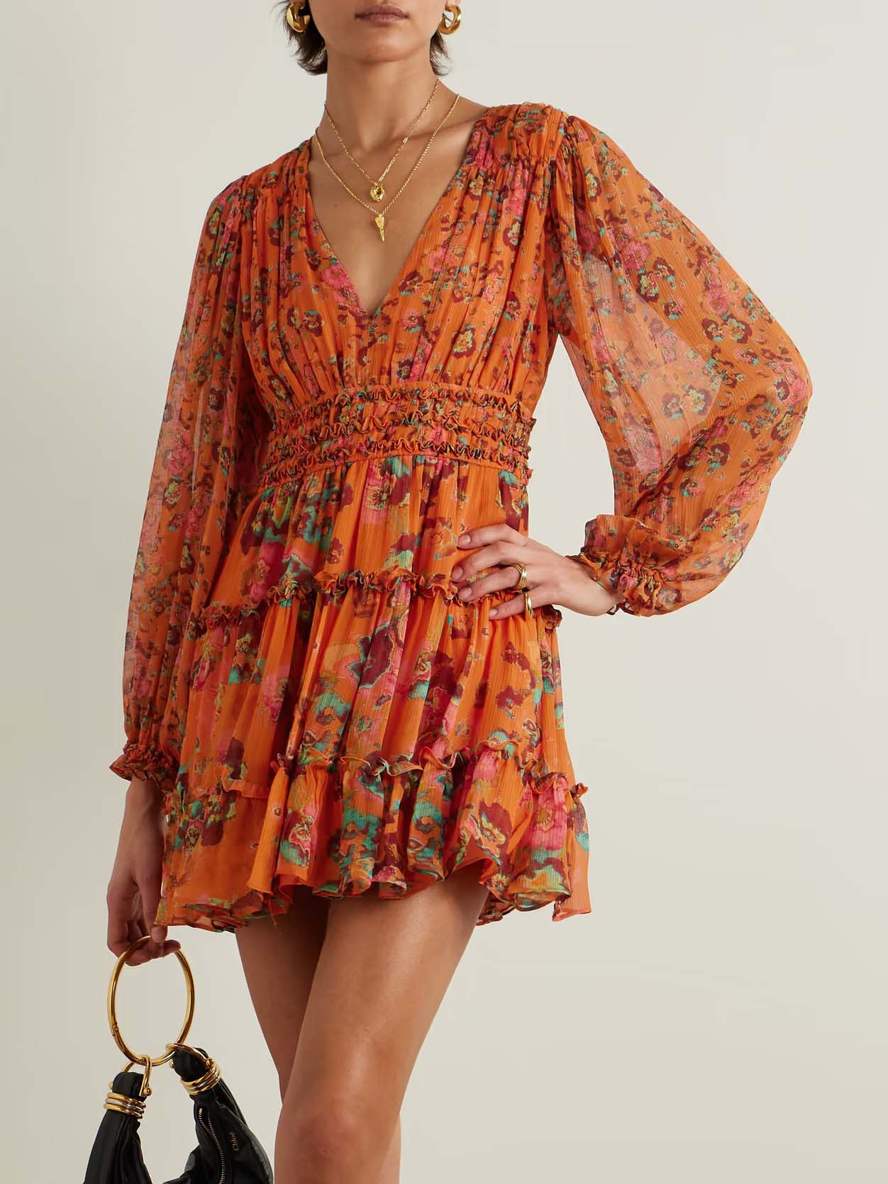 Elegant Watercolor Floral Chiffon Print Mini Dress