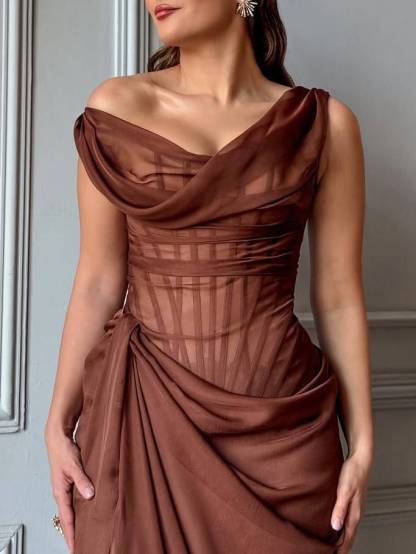 Swing Collar Pleated Front Side Slit Maxi Dress