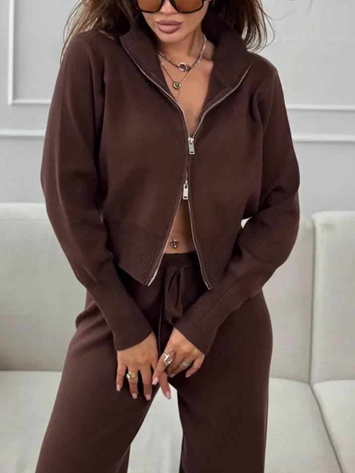 Casual Knitted Cardigan And Wide Leg Pants Suit