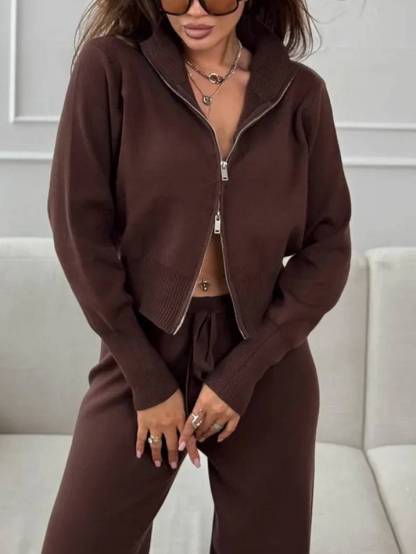 Casual Knitted Cardigan And Wide Leg Pants Suit