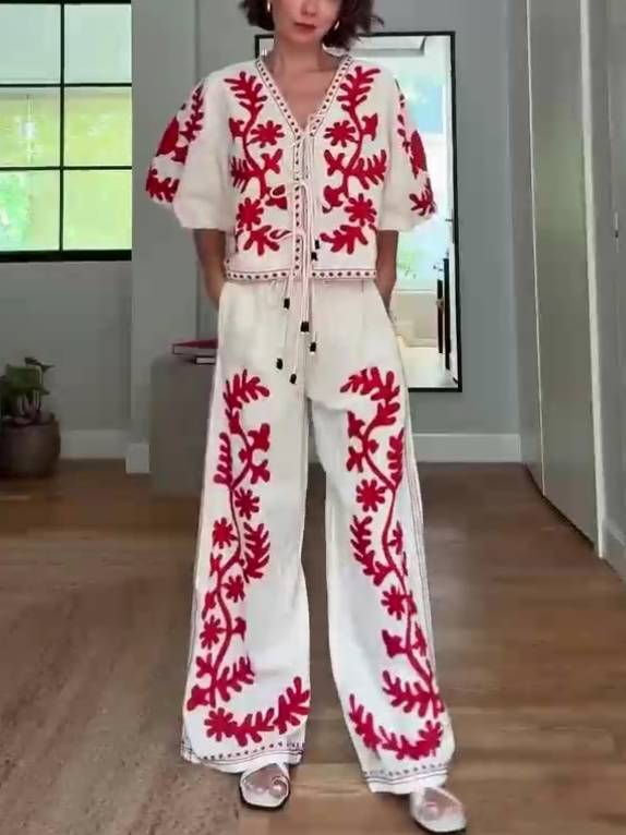 Printed Shirt And Wide Leg Pants Suit-Pants