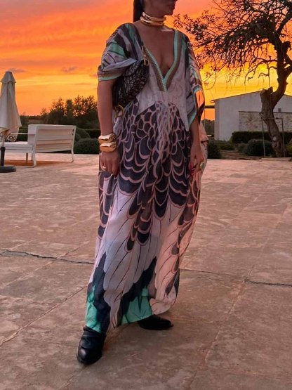 Exquisite Abstract Print V-neck Robe Maxi Dress