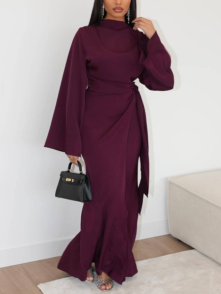 Waist Lace-up Design Long Sleeve Maxi Dress