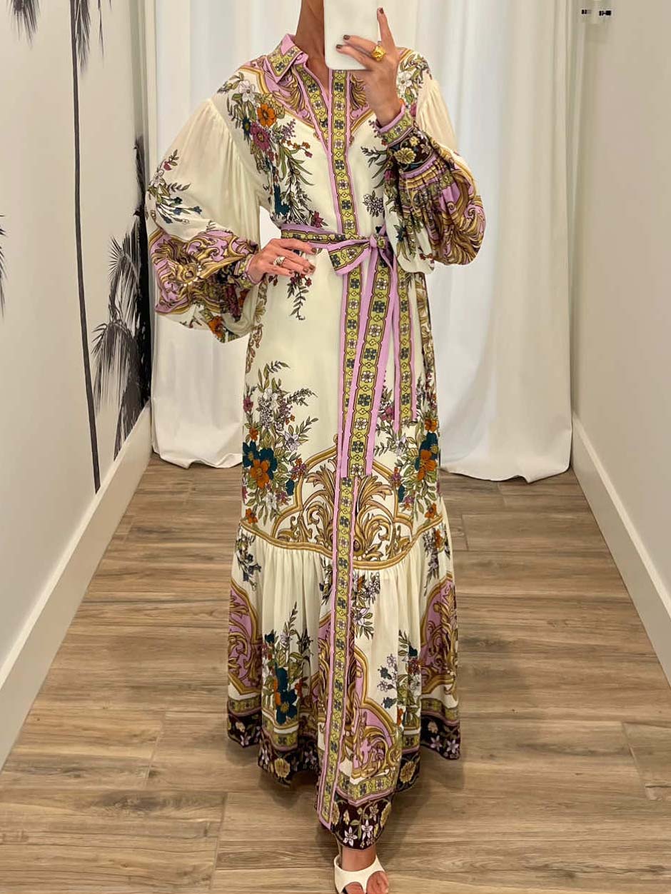 Elegant Vintage Floral Print Chiffon Shirt-style Maxi Dress