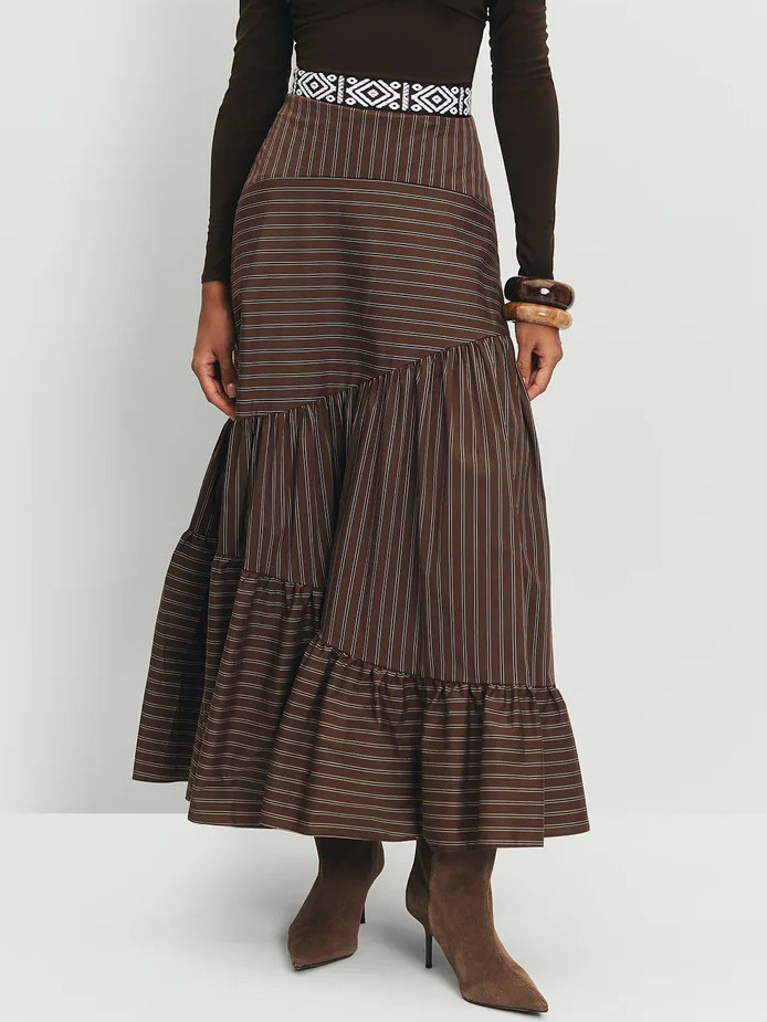 Retro Irregular Cut Striped High Waist Midi Skirt