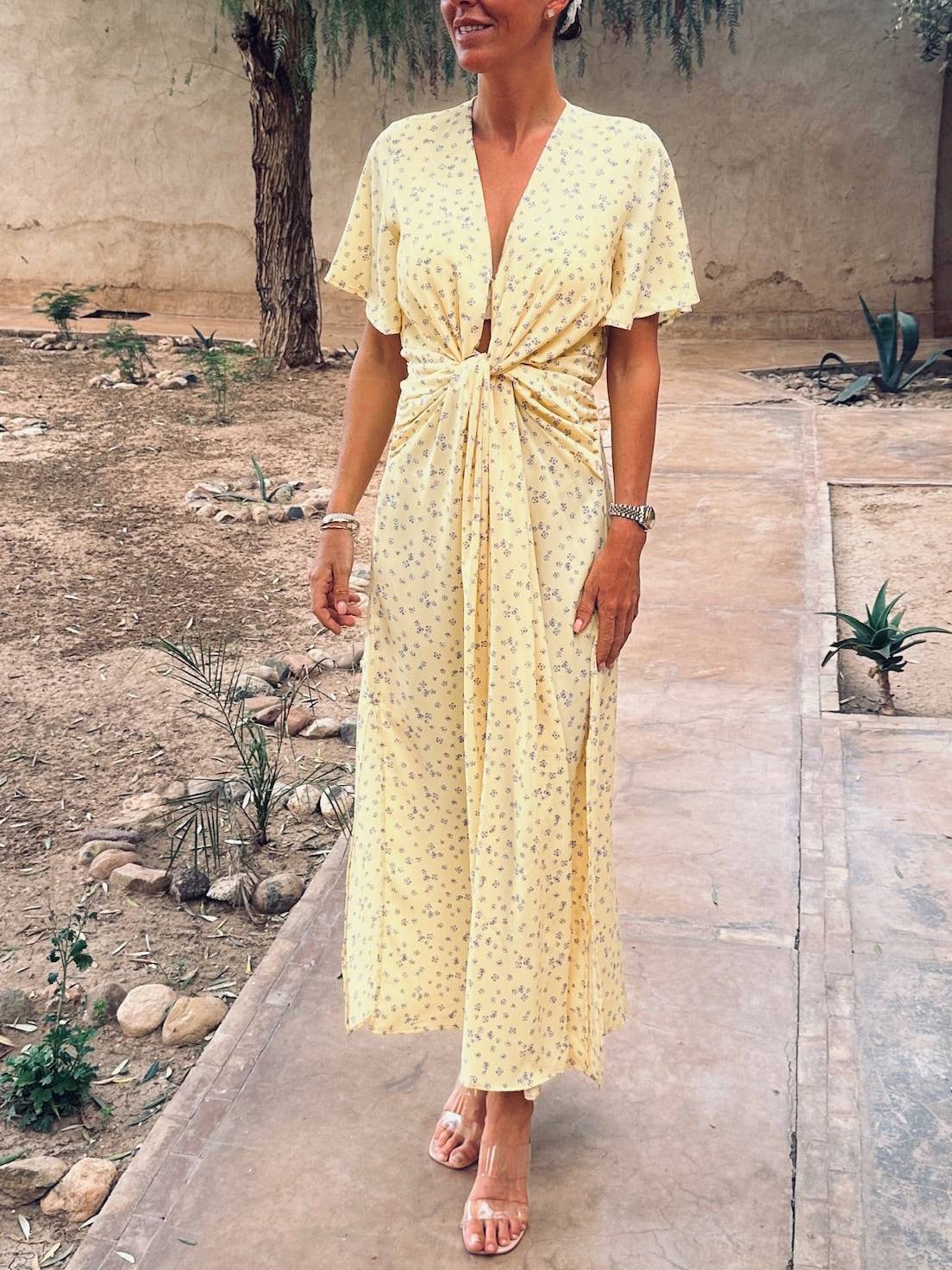 Deep V-neck Side Slit Floral Dress
