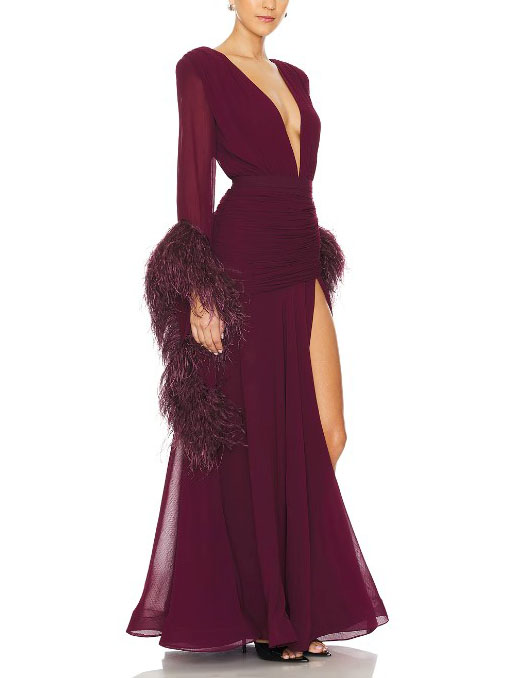 Feather Design Front Slit Maxi Dress