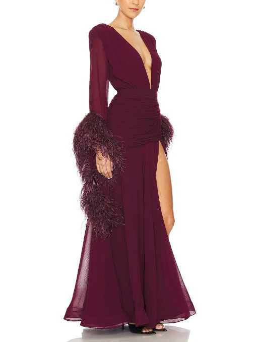 Feather Design Front Slit Maxi Dress