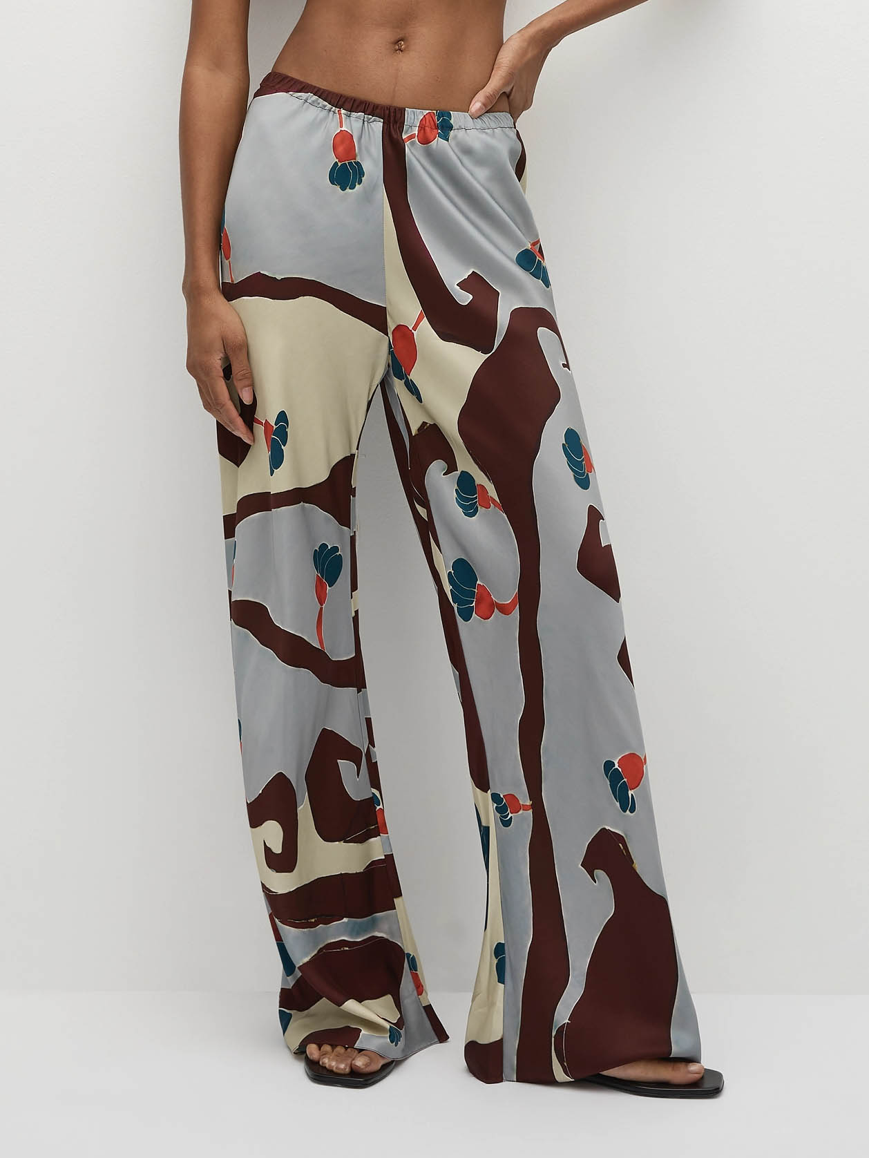 Unique Satin Abstract Floral Print Wide-Leg Pants
