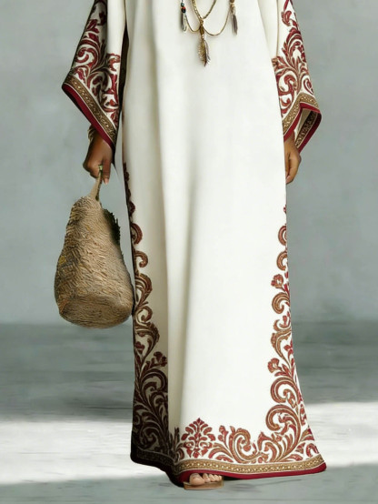 Elegant Bohemian Satin Floral Print Batwing Sleeve Maxi Dress