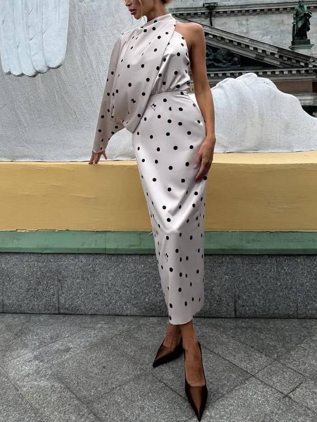 One-sleeve Asymmetrical Design Polka Dot Maxi Dress