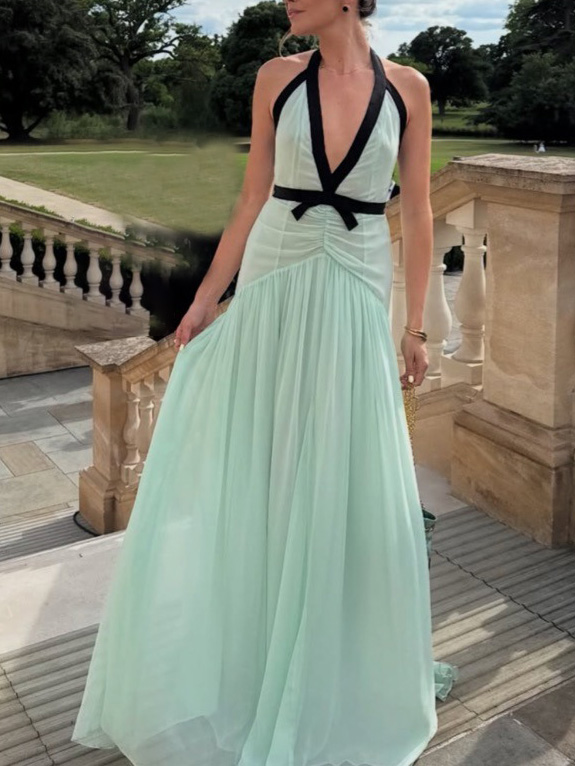 Elegant V-neck Bow Chiffon Flowing Maxi Dress
