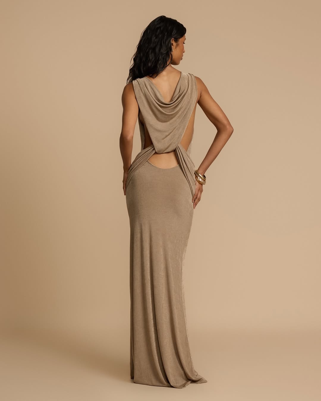 Unique Draped Back Pleated Maxi Dress