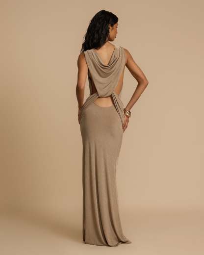 Unique Draped Back Pleated Maxi Dress