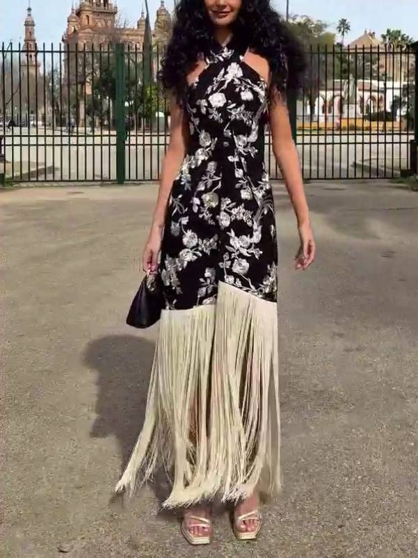 Printed Tassel Halter Neck Dress