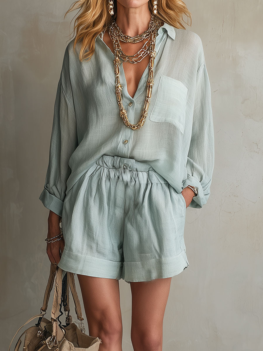 Casual Loose-fitting Shirt And Drawstring Shorts Two-piece Set
